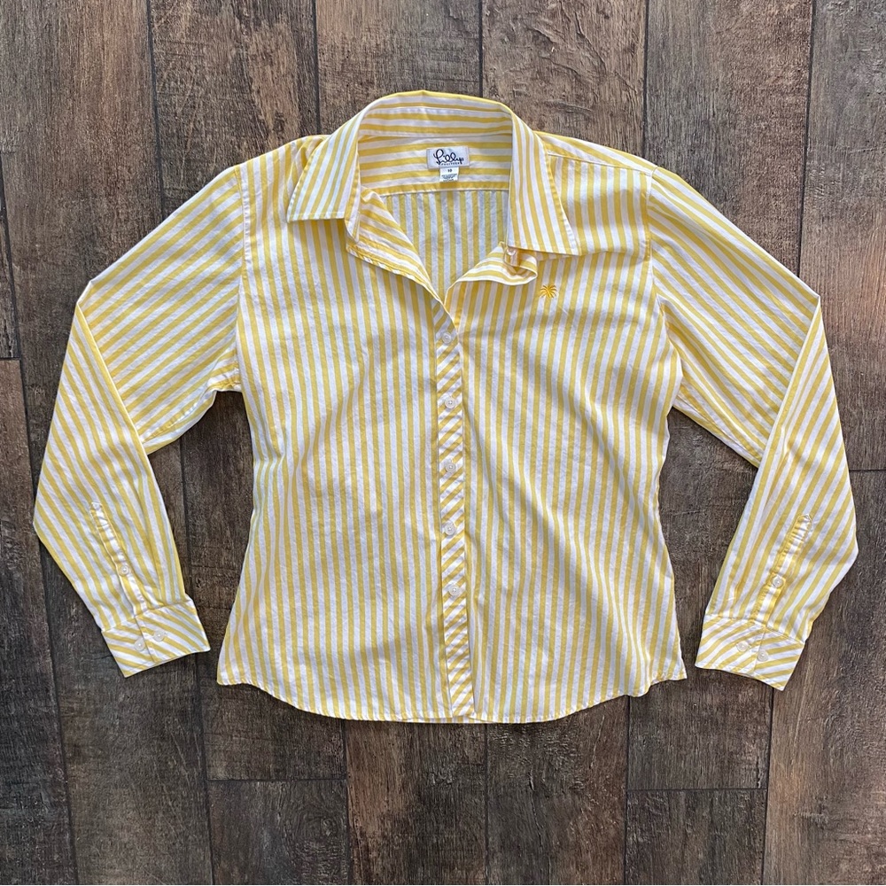 vintage lilly pulitzer yellow & white striped button down shirt